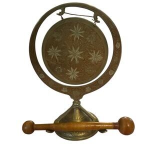 Miniature Small Table Gong Brass Carved Etched Metal Standing Dinner Eastern